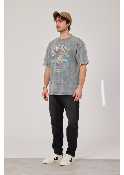 New York Baskılı Yıkamalı Gri Tshirt fiyatları