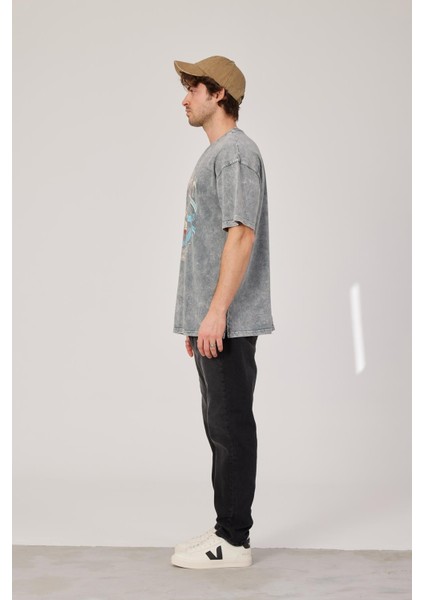 New York Baskılı Yıkamalı Gri Tshirt fırsatları