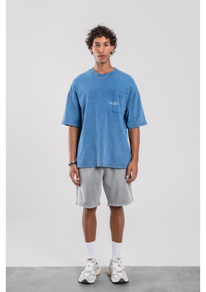 Young Atelier Yazılı Mavi Yıkamalı Oversize Tshirt