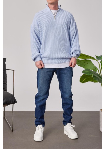 Yakası Fermuarlı Bebe Mavisi Örme Triko