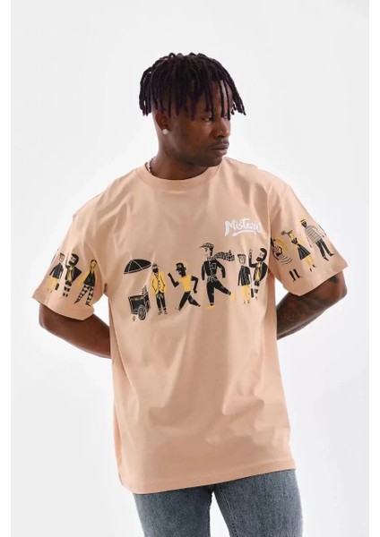 Bisiklet Yaka Baskılı Oversize T-Shirt - Bej