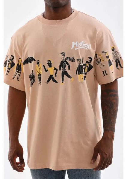 Bisiklet Yaka Baskılı Oversize T-Shirt - Bej