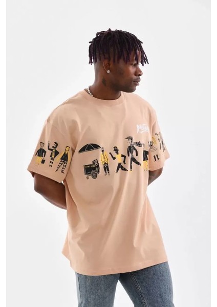 Bisiklet Yaka Baskılı Oversize T-Shirt - Bej