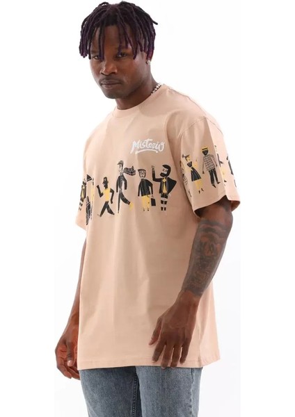 Bisiklet Yaka Baskılı Oversize T-Shirt - Bej