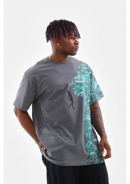 Bisiklet Yaka Baskılı Oversize T-Shirt - Gri