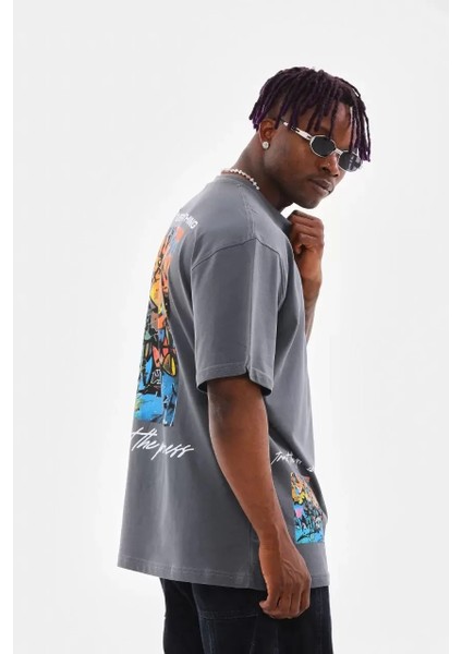 Bisiklet Yaka Baskılı Oversize T-Shirt - Gri
