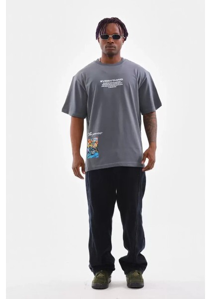 Bisiklet Yaka Baskılı Oversize T-Shirt - Gri
