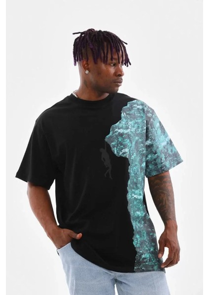 Bisiklet Yaka Baskılı Oversize T-Shirt - Siyah