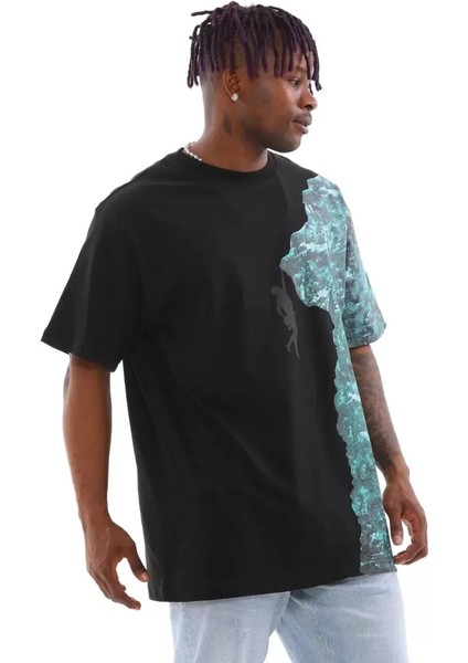 Bisiklet Yaka Baskılı Oversize T-Shirt - Siyah indirimleri