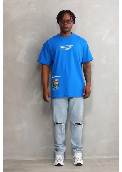 Bisiklet Yaka Baskılı Oversize T-Shirt - Mavi fırsatları