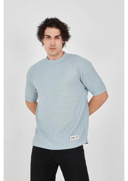 Waffle Kumaş Rahat Kol T-Shirt - Buz Mavisi