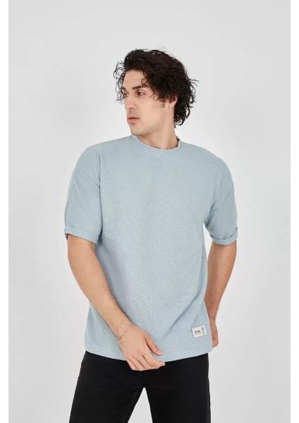 Waffle Kumaş Rahat Kol T-Shirt - Buz Mavisi
