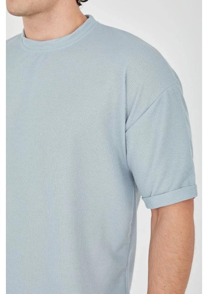 Waffle Kumaş Rahat Kol T-Shirt - Buz Mavisi