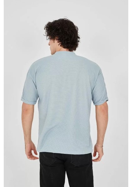 Waffle Kumaş Rahat Kol T-Shirt - Buz Mavisi