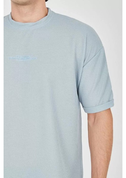 Unisex Waffle Kumaş Rahat Kol T-Shirt - Buz Mavisi fiyatları