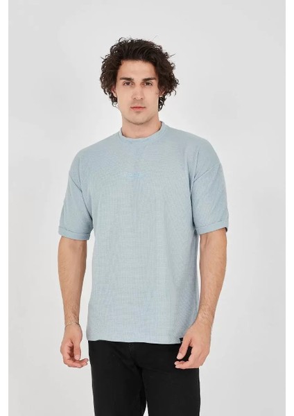 Unisex Waffle Kumaş Rahat Kol T-Shirt - Buz Mavisi modelleri