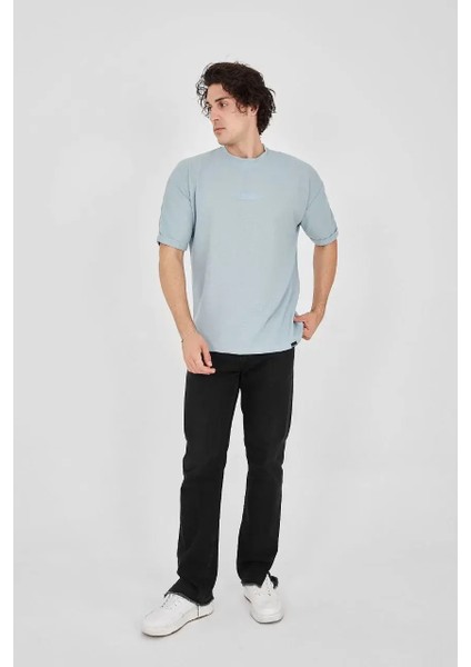 Unisex Waffle Kumaş Rahat Kol T-Shirt - Buz Mavisi fırsatları