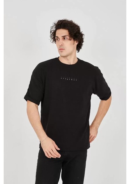Jakar Kumaş Rahat Kol T-Shirt - Siyah