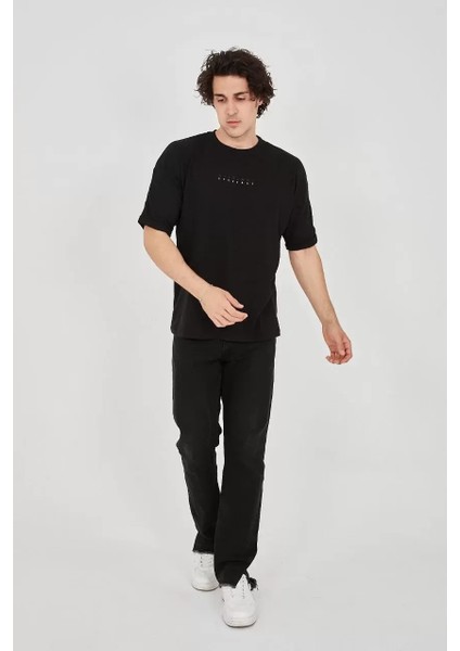 Jakar Kumaş Rahat Kol T-Shirt - Siyah