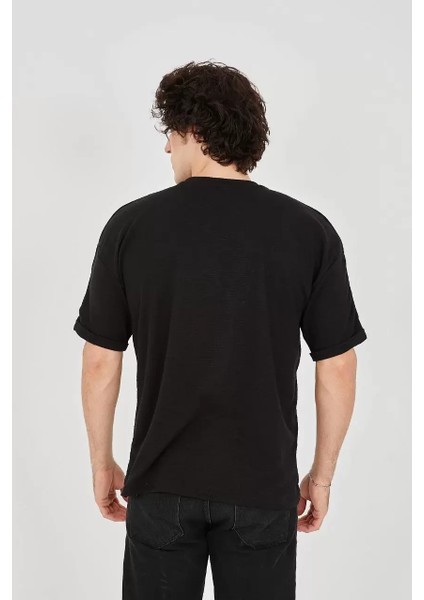 Jakar Kumaş Rahat Kol T-Shirt - Siyah