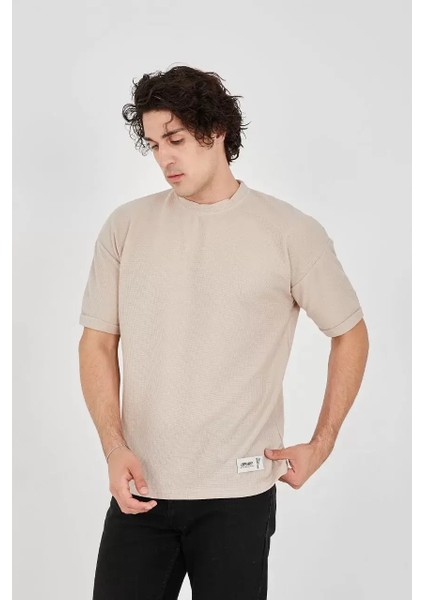 Waffle Kumaş Rahat Kol T-Shirt - Bej
