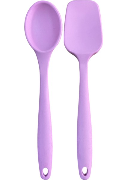 Büyük Boy Yanmaz Yapışmaz Silikon Pembe Düz Spatula ve Kaşık Seti 2 Adet