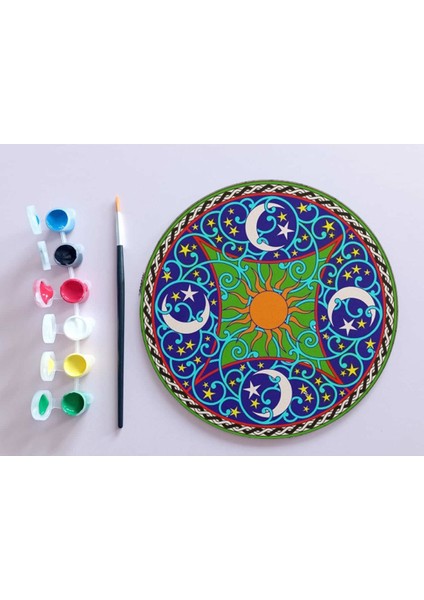 Dudu Gift Ahşap Mandala 20X20 cm Daire Mdf Üzerine Uv Baskı Modeller- Ay Yıldız Güneş Mandala Set Boyama