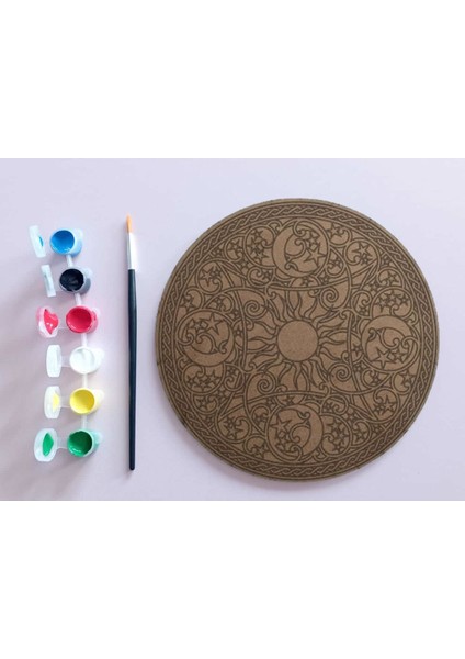 Ahşap Mandala 20X20 cm Daire Mdf Üzerine Uv Baskı Modeller- Ay Yıldız Güneş Mandala Set Boyama