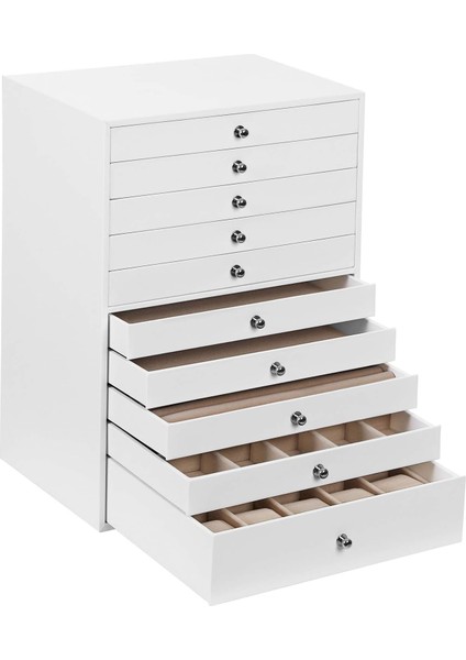 Songmıcs Mücevher Kutusu, 10 Seviyeli Mücevher Kutusu, Büyük Sentetik Deri Mücevher Kutusu, Çekmeceli Ve Saat Minderi, Jbc10w, Beyaz, 29 x 20,5 x 40,5 cm