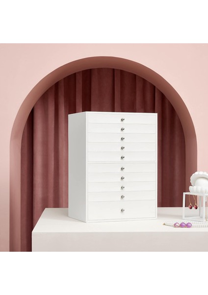 Songmıcs Mücevher Kutusu, 10 Seviyeli Mücevher Kutusu, Büyük Sentetik Deri Mücevher Kutusu, Çekmeceli Ve Saat Minderi, Jbc10w, Beyaz, 29 x 20,5 x 40,5 cm fiyatları