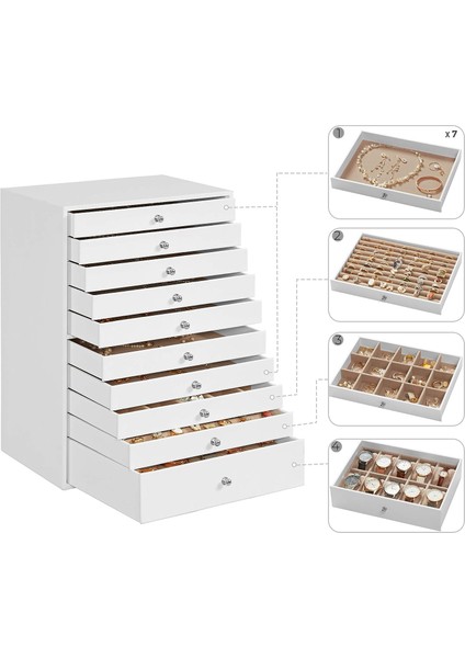 Songmıcs Mücevher Kutusu, 10 Seviyeli Mücevher Kutusu, Büyük Sentetik Deri Mücevher Kutusu, Çekmeceli Ve Saat Minderi, Jbc10w, Beyaz, 29 x 20,5 x 40,5 cm modelleri