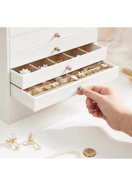 Songmıcs Mücevher Kutusu, 10 Seviyeli Mücevher Kutusu, Büyük Sentetik Deri Mücevher Kutusu, Çekmeceli Ve Saat Minderi, Jbc10w, Beyaz, 29 x 20,5 x 40,5 cm fırsatları