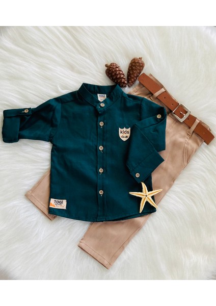Hakim Yaka Keten Gömlek ve Kemerli Pantolon Erkek Çocuk Takım
