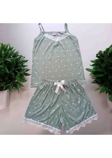Yeşil Puantiyeli Pegasus Kumaş Ip Askılı Dantel Detaylı Şortlu Yazlık Kadın Pijama Takımı