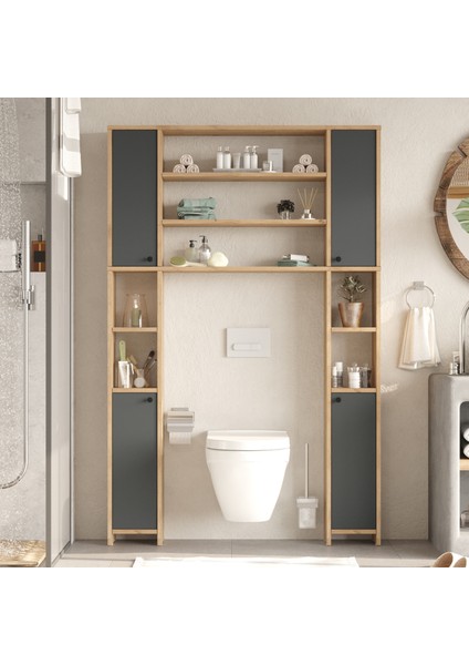 Kern Çok Amaçlı Tuvalet Banyo Dolabı Kapaklı Raflı Sepet-Antrasit Kn1-Sa