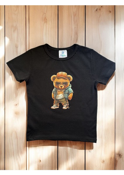 Siyah Pamuklu Penye Kısa Kollu Şapkalı Cool Ayıcık Baskılı Kız Erkek Çocuk T-Shirt