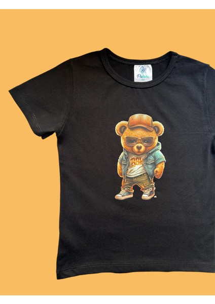 Siyah Pamuklu Penye Kısa Kollu Şapkalı Cool Ayıcık Baskılı Kız Erkek Çocuk T-Shirt fiyatları