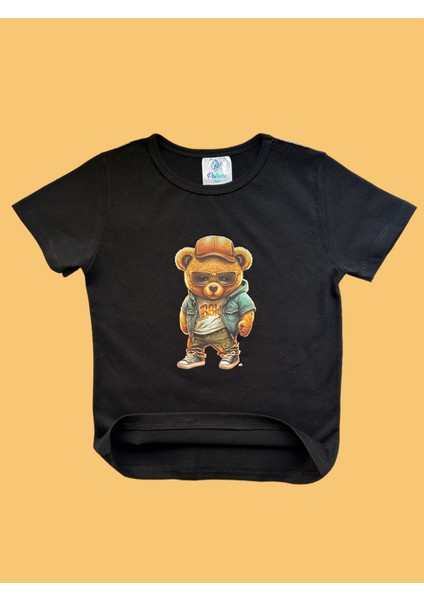 Siyah Pamuklu Penye Kısa Kollu Şapkalı Cool Ayıcık Baskılı Kız Erkek Çocuk T-Shirt modelleri