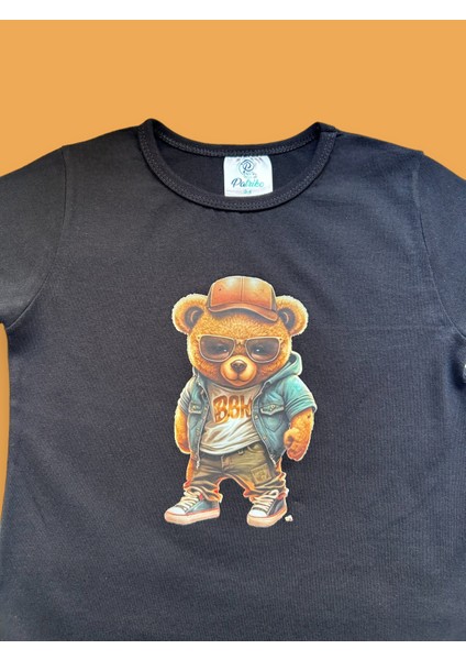 Siyah Pamuklu Penye Kısa Kollu Şapkalı Cool Ayıcık Baskılı Kız Erkek Çocuk T-Shirt fırsatları