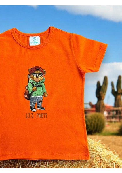 Cool Gitarlı Ayıcık Baskılı Turuncu Renk Kız Erkek Çocuk Kısa Kollu Pamuklu Penye Kumaş T-Shirt