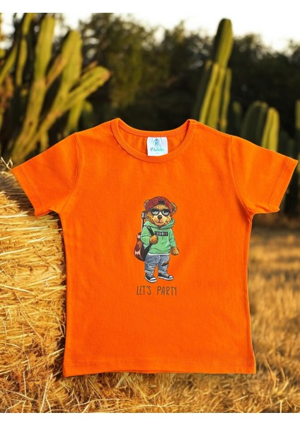 Cool Gitarlı Ayıcık Baskılı Turuncu Renk Kız Erkek Çocuk Kısa Kollu Pamuklu Penye Kumaş T-Shirt fiyatları