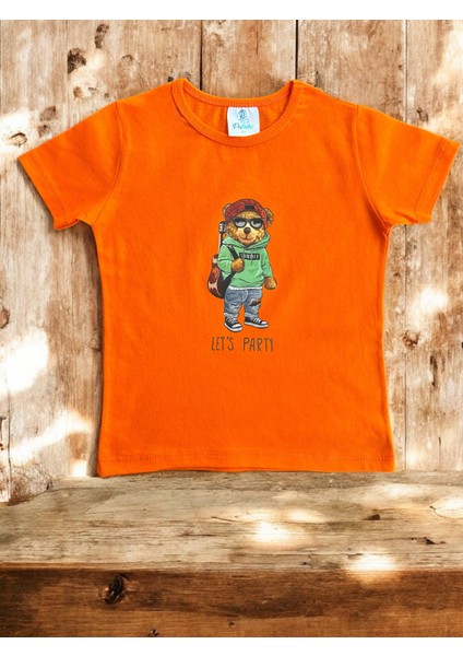 Cool Gitarlı Ayıcık Baskılı Turuncu Renk Kız Erkek Çocuk Kısa Kollu Pamuklu Penye Kumaş T-Shirt fırsatları