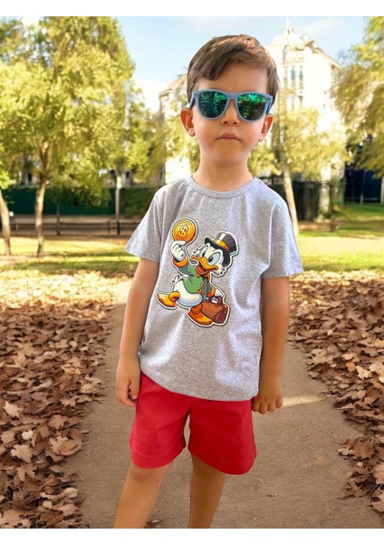 Disney Karakterli Donald Duck Baskılı Gri Renk Pamuklu Penye Kumaş Kısa Kollu Kız Erkek Çocuk T-Shirt fiyatları