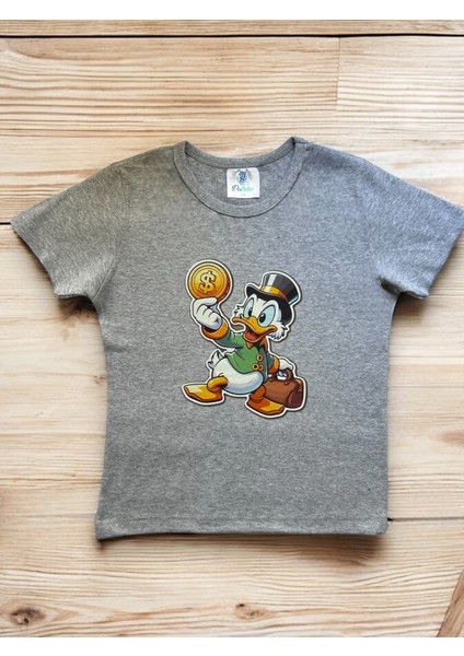 Disney Karakterli Donald Duck Baskılı Gri Renk Pamuklu Penye Kumaş Kısa Kollu Kız Erkek Çocuk T-Shirt indirimleri