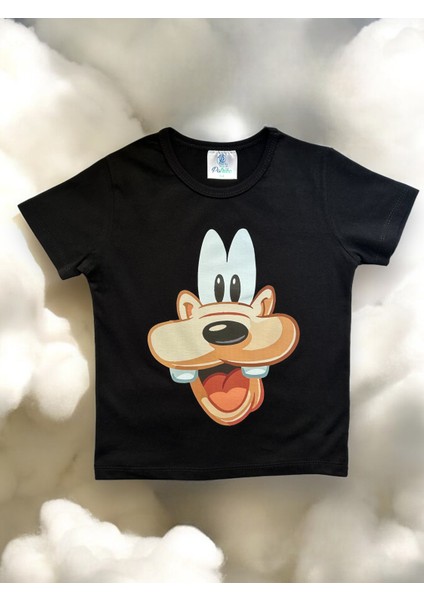 Disney Guffy Köpek Karakterli Siyah Pamuklu Penye Kumaş Kısa Kollu Kız Erkek Çocuk T-Shirt