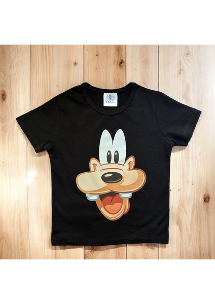Disney Guffy Köpek Karakterli Siyah Pamuklu Penye Kumaş Kısa Kollu Kız Erkek Çocuk T-Shirt modelleri