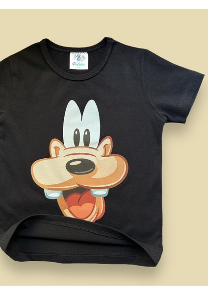 Disney Guffy Köpek Karakterli Siyah Pamuklu Penye Kumaş Kısa Kollu Kız Erkek Çocuk T-Shirt fırsatları