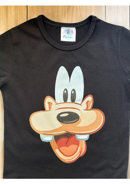Disney Guffy Köpek Karakterli Siyah Pamuklu Penye Kumaş Kısa Kollu Kız Erkek Çocuk T-Shirt indirimleri