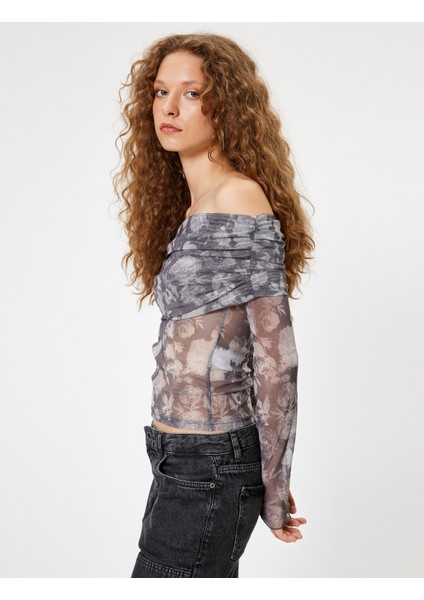 Transparan Bluz Madonna Yaka Uzun Kollu Çiçek Desenli