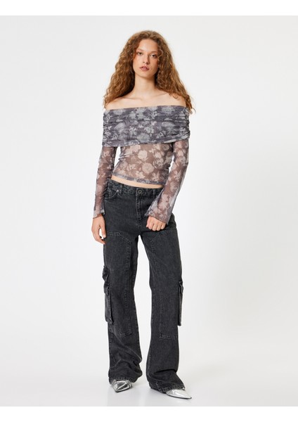 Transparan Bluz Madonna Yaka Uzun Kollu Çiçek Desenli fiyatları